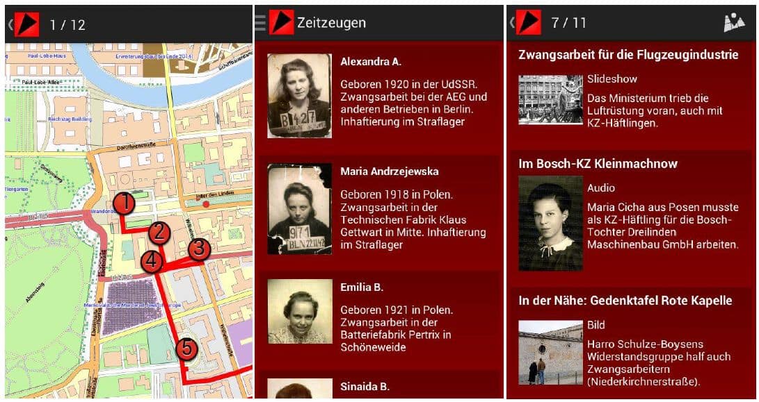Screenshots der Zeitzeugen-App, mit freundlicher Genehmigung der Berliner Geschichtswerkstatt e.V.